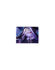 Classic anime girl mouse pad 14x10 inches with hooded silver-haired beauty, red eyes, and snowy backdrop.
