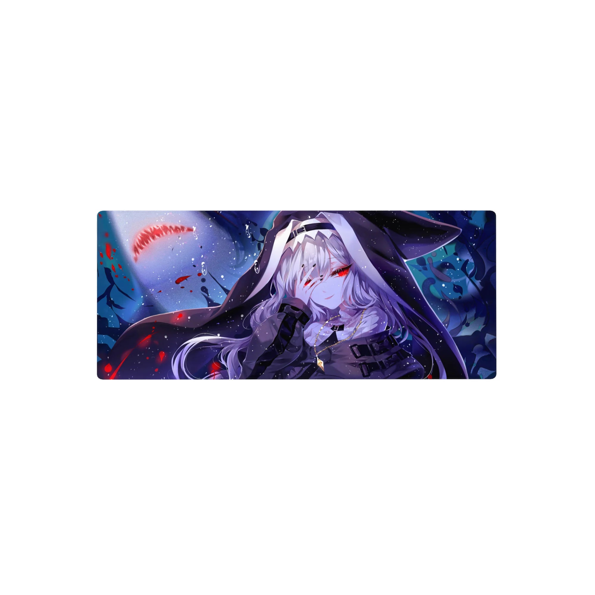 Anime girl mouse pad 28x12 inches with silver-haired hooded beauty, red eyes, and snow-speckled backdrop.