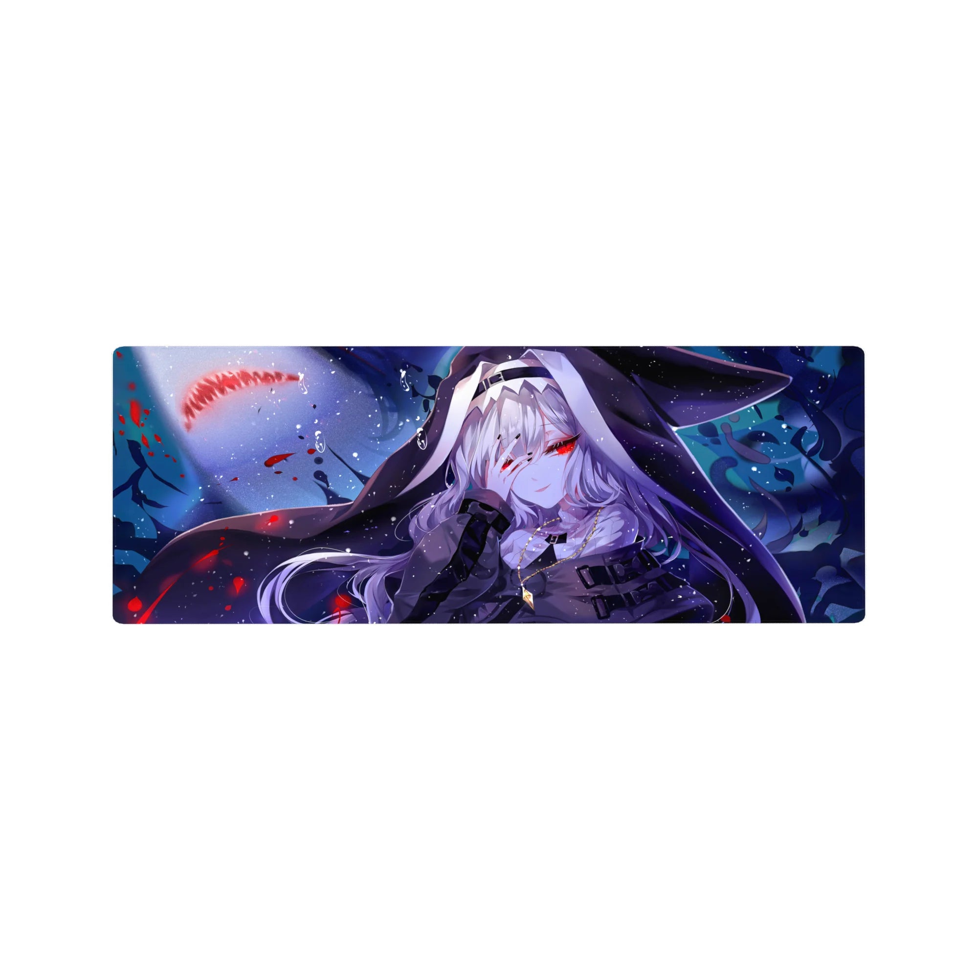 32x12 inches anime girl mouse pad with silver-haired hooded beauty, red eyes, and snowy night backdrop.