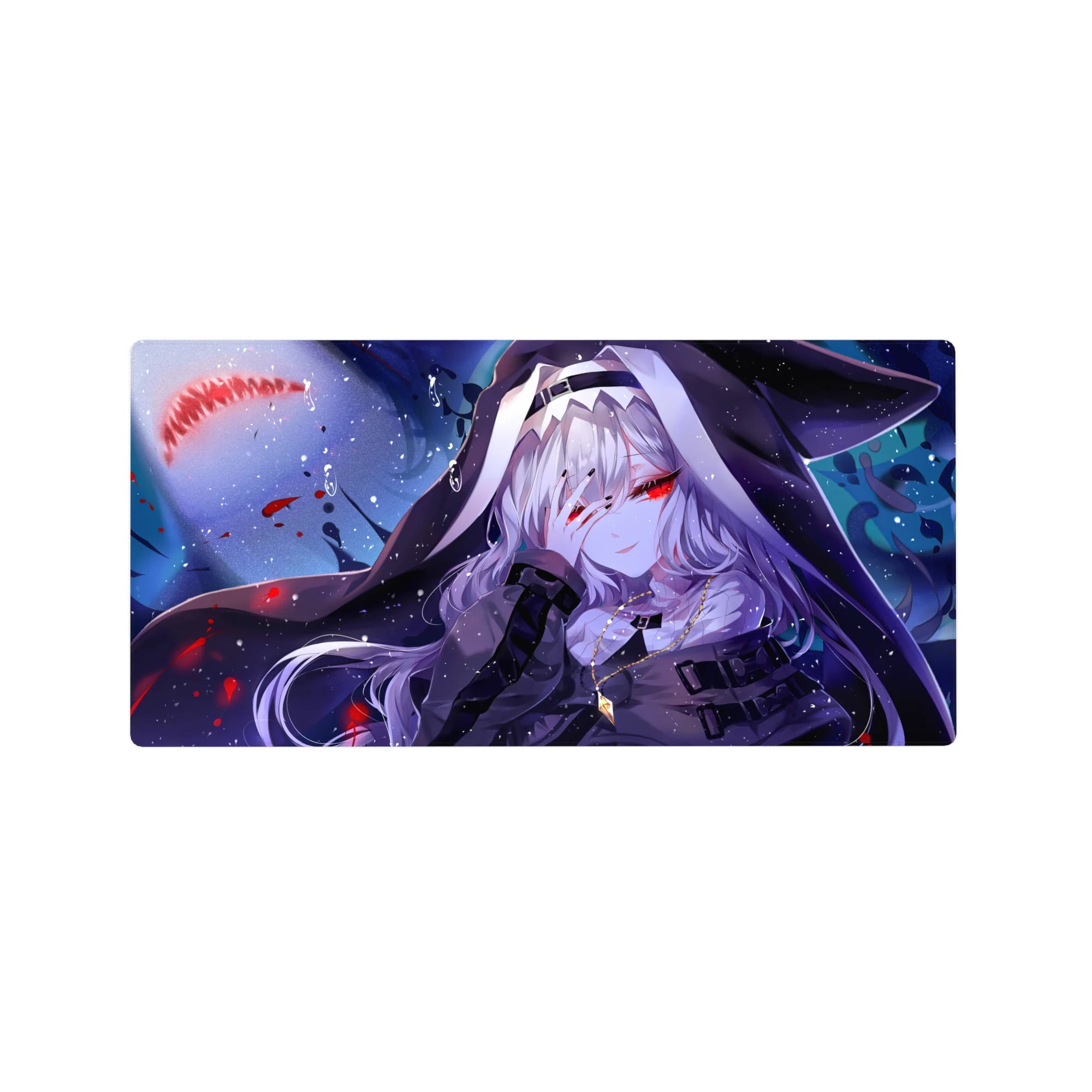 32x16 inches anime girl mouse pad with silver-haired hooded girl, red eyes, snow specks and crimson accents.