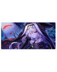 32x16 inches anime girl mouse pad with silver-haired hooded girl, red eyes, snow specks and crimson accents.