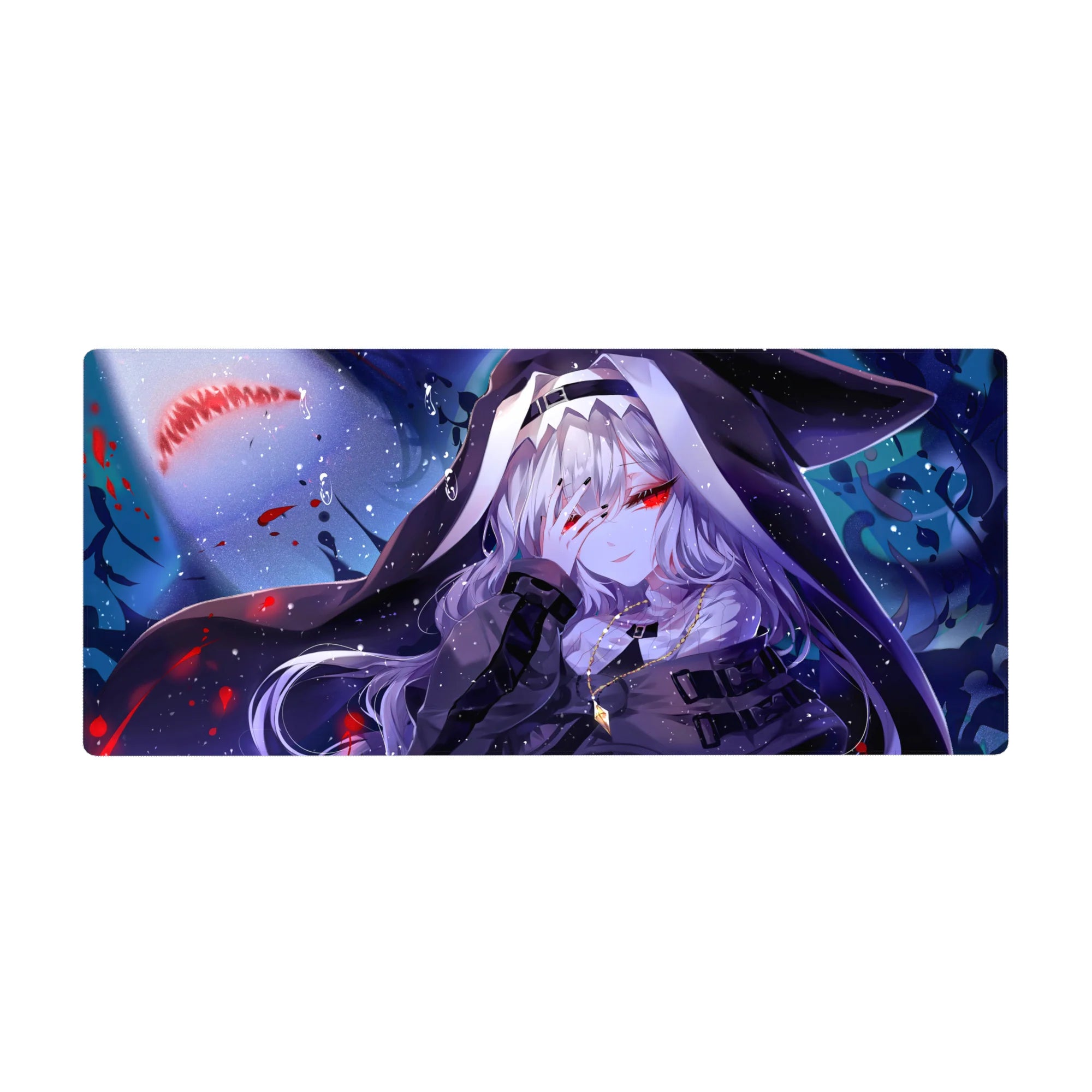 Anime girl desk pad 36x16 inches with silver-haired hooded beauty and red eyes on a midnight backdrop.