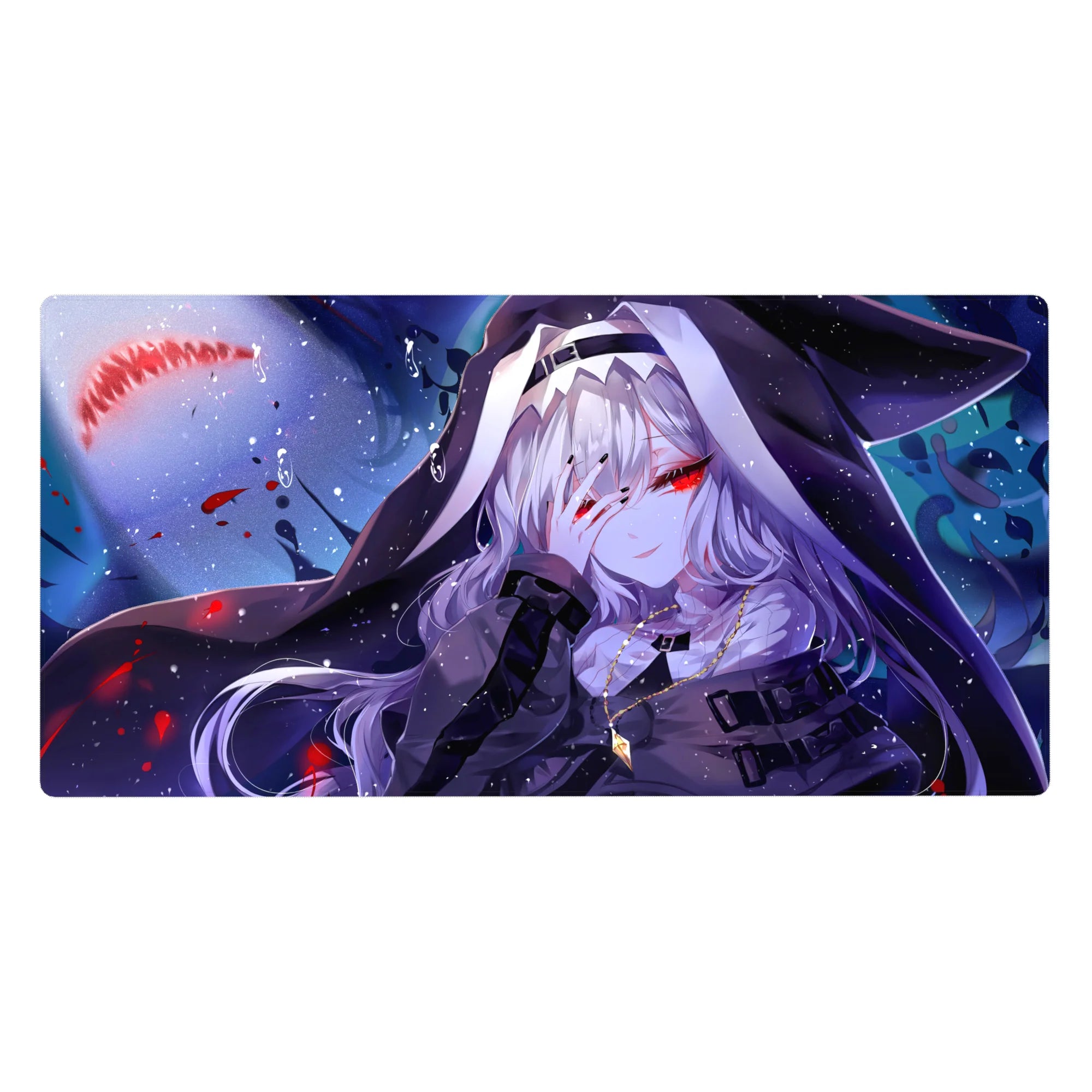 Anime girl desk pad 40x20 inches with silver-haired hooded beauty and red eyes, snowy speckled backdrop.