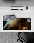Moody teal haze and smoky brown desk mouse pad, 28x12 inches, with ember-like glow pockets.