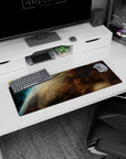 Stormy planet horizon scene mouse pad 32x12 inches with dusty light, dark atmosphere, and ember clouds.