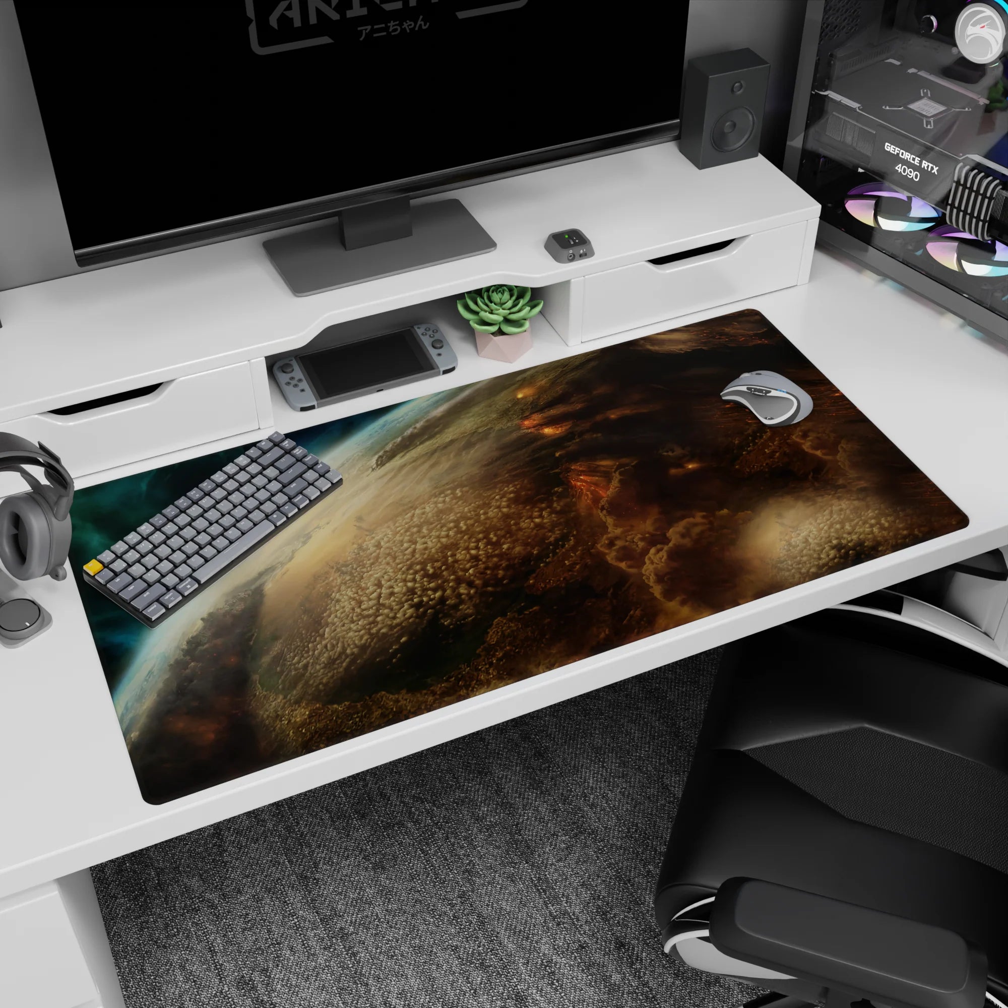 Cinematic space scene desk pad showing a swirling atmosphere over a planet rim, 40x20 inches.