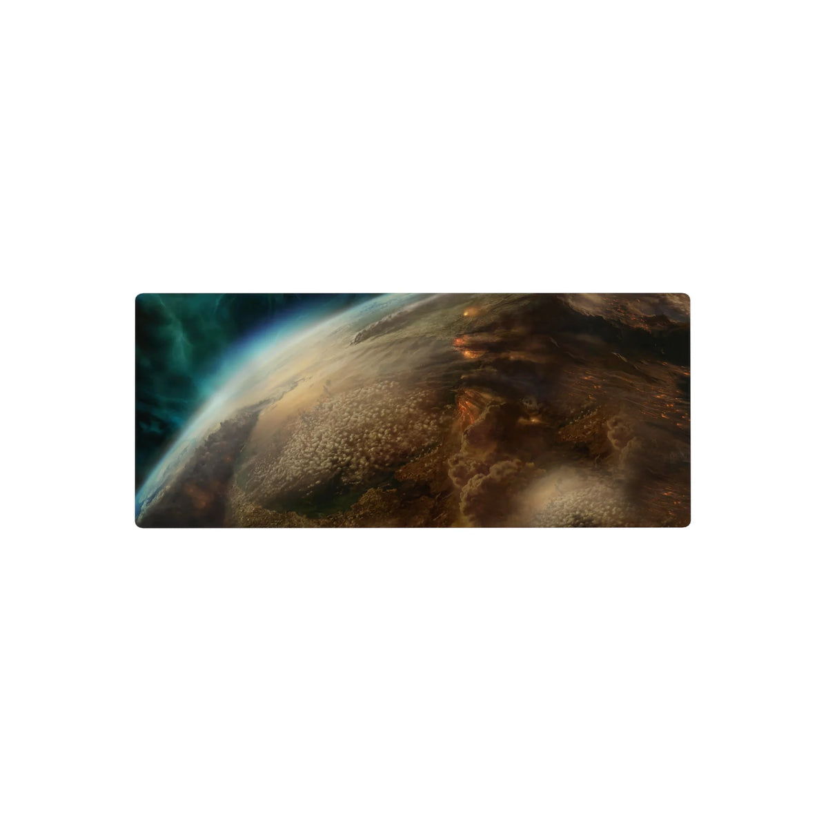 Stormy planet edge space desk mouse pad, 28x12 inches, with cinematic swirling cloud gradients.