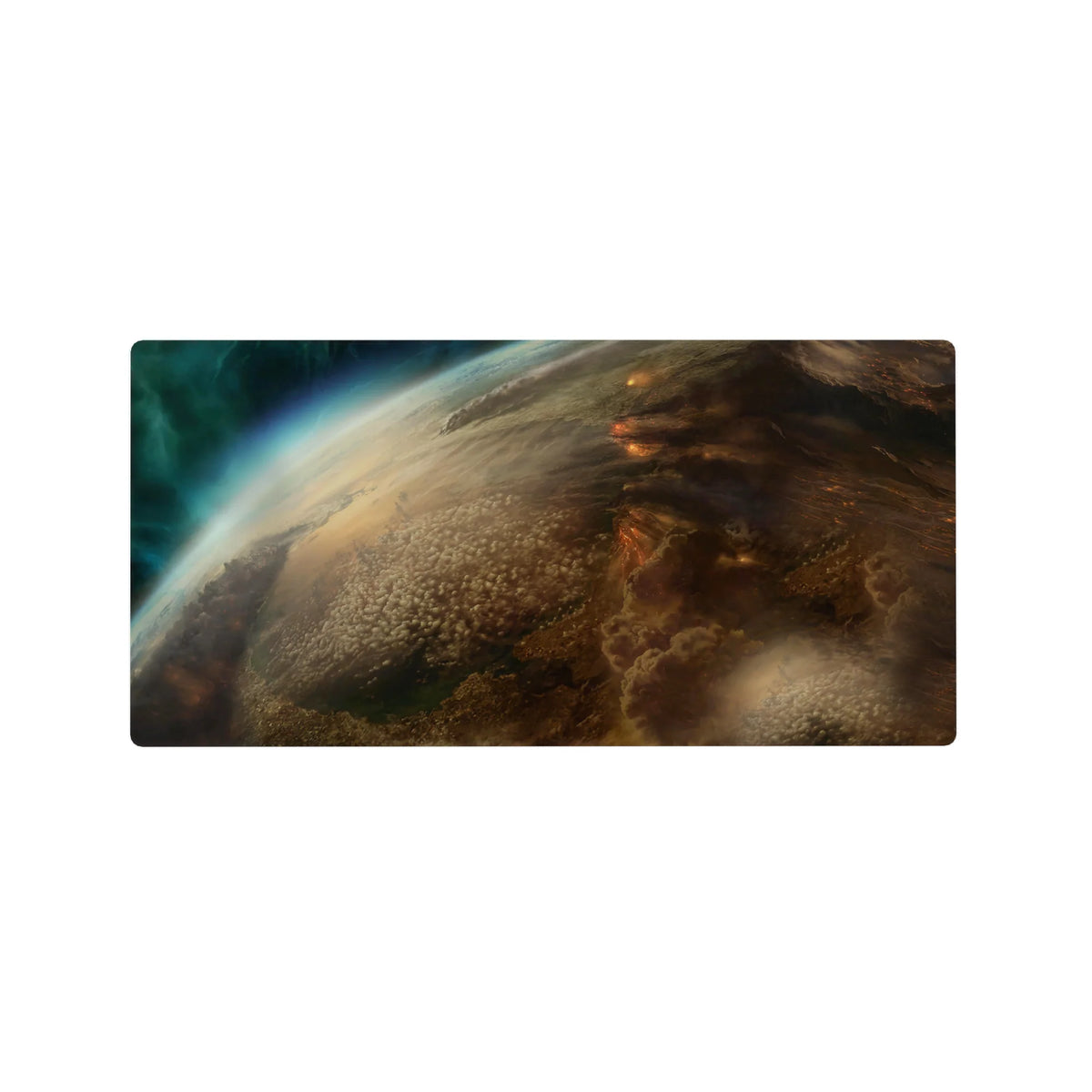 Stormy planet edge space-themed mouse pad 32x16 inches with cinematic haze and swirling clouds.