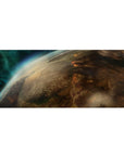 Stormy planet edge space swirl desk pad, 36x16 inches, cinematic gradient design for gaming and work.