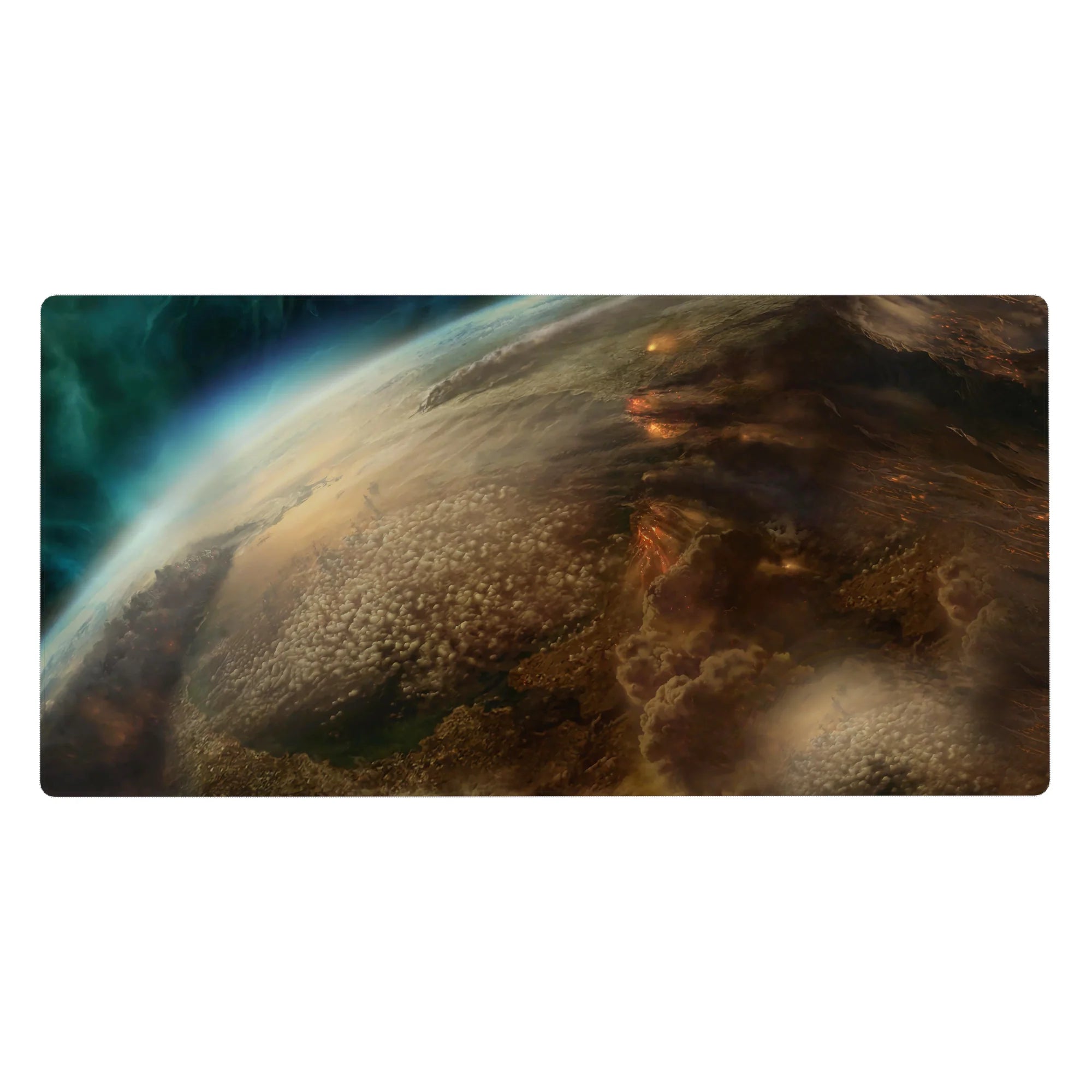 Stormy planet edge space desk pad with teal haze and ember-speckled clouds, 40x20 inches.