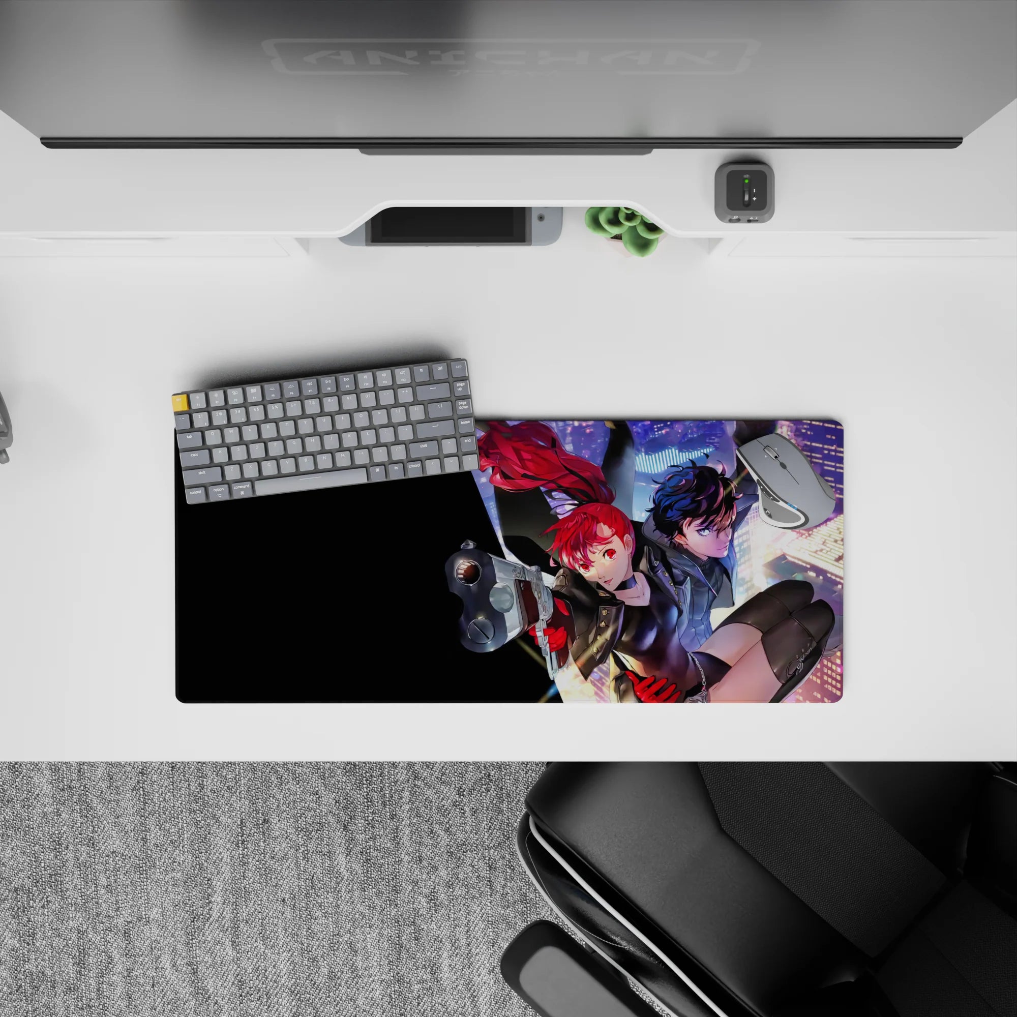 Mouse pad 28x12 inches featuring Joker and Kasumi from Persona 5 Royal, mid-heist with neon glow and city lights.