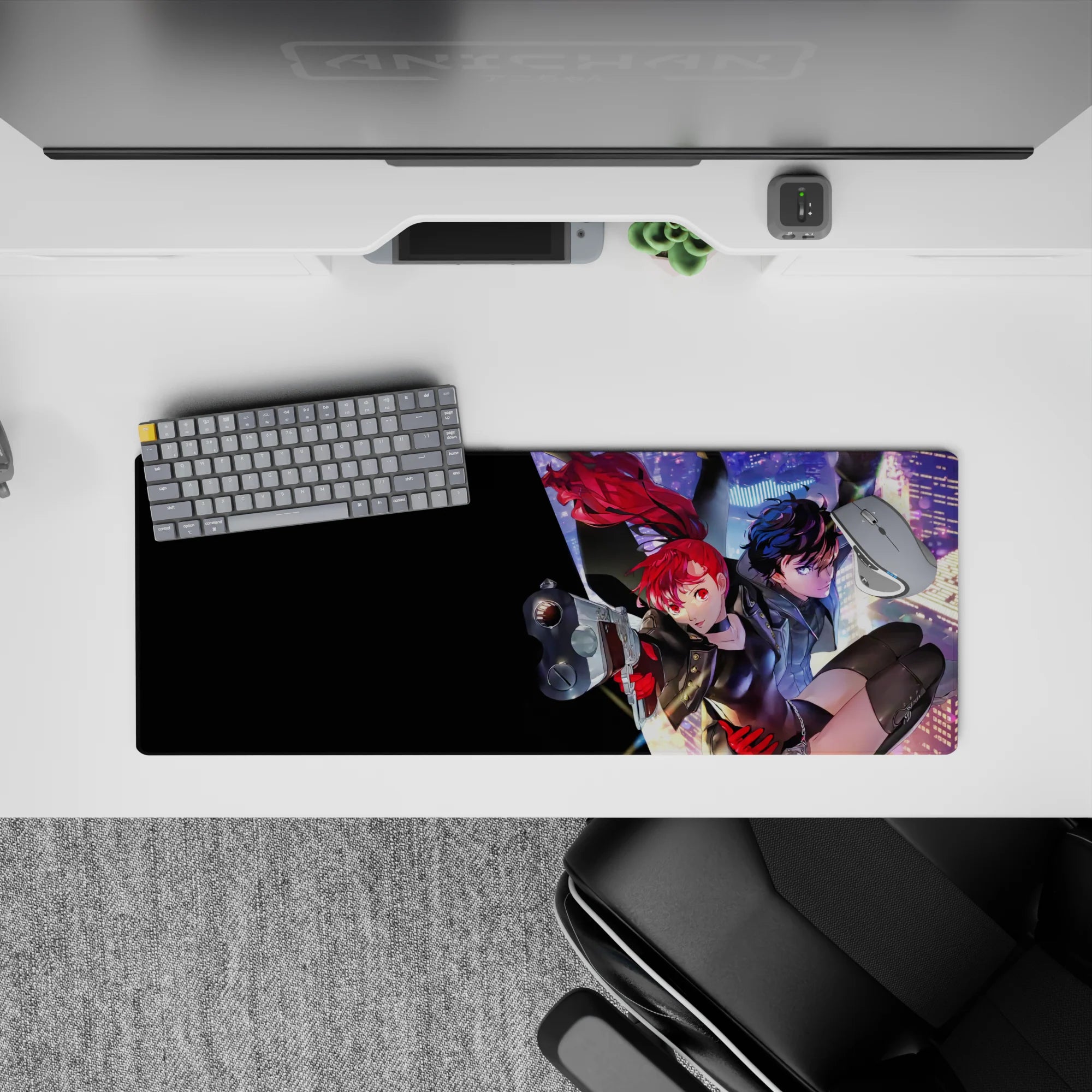 Mouse pad 32x12 inches featuring Joker and Kasumi from Persona 5 Royal, mid-heist with a neon glow and city lights backdrop.