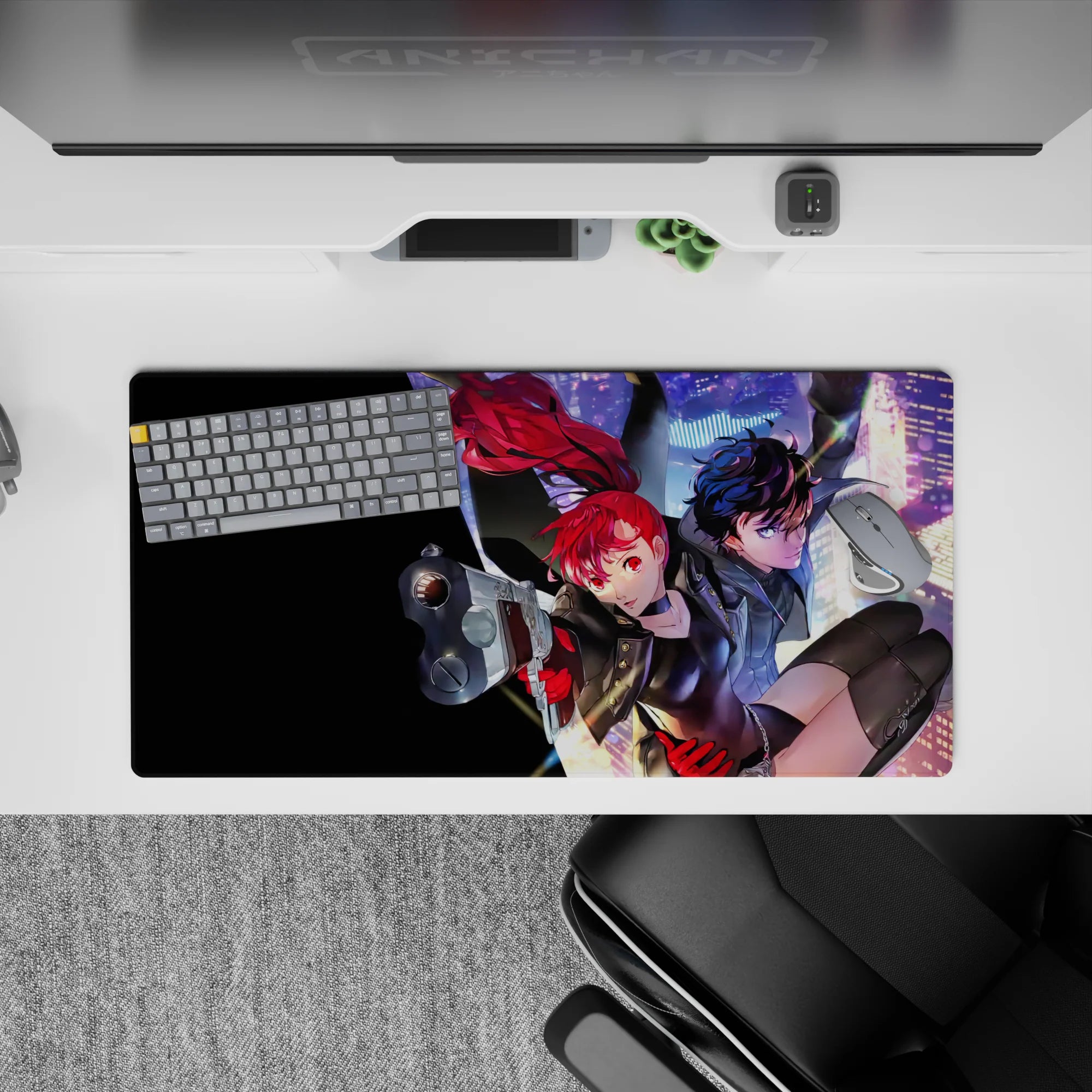 Mouse pad 32x16 inches featuring Joker and Kasumi from Persona 5 Royal, vibrant neon glow and city lights backdrop.