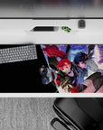 Joker and Kasumi from Persona 5 Royal in a neon-lit heist scene on a 36x16 inch desk pad, bold colors and city lights.