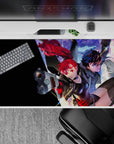 Desk pad 40x20 inches featuring Joker and Kasumi from Persona 5 Royal, neon glow, city lights, bold and cinematic design.