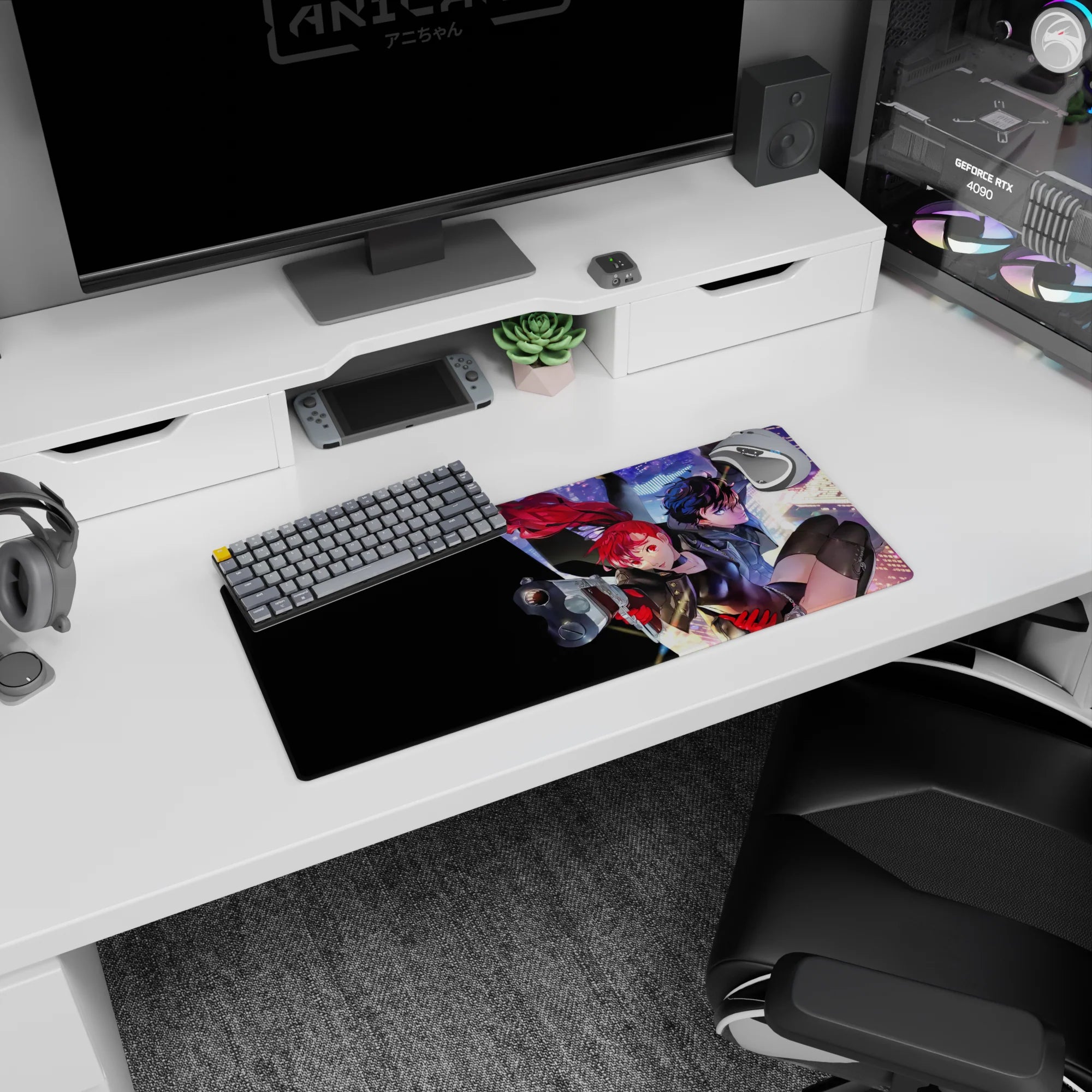 Mouse pad featuring Joker and Kasumi from Persona 5 Royal, size 28x12 inches, with vibrant neon glow and cityscape backdrop.