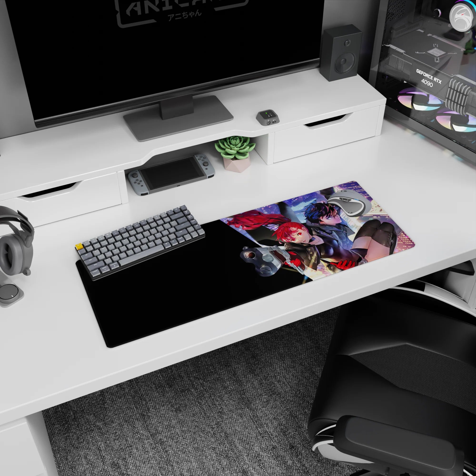 Joker and Kasumi from Persona 5 Royal on 32x12 inch anime mouse pad, mid-heist with neon glow and city lights.