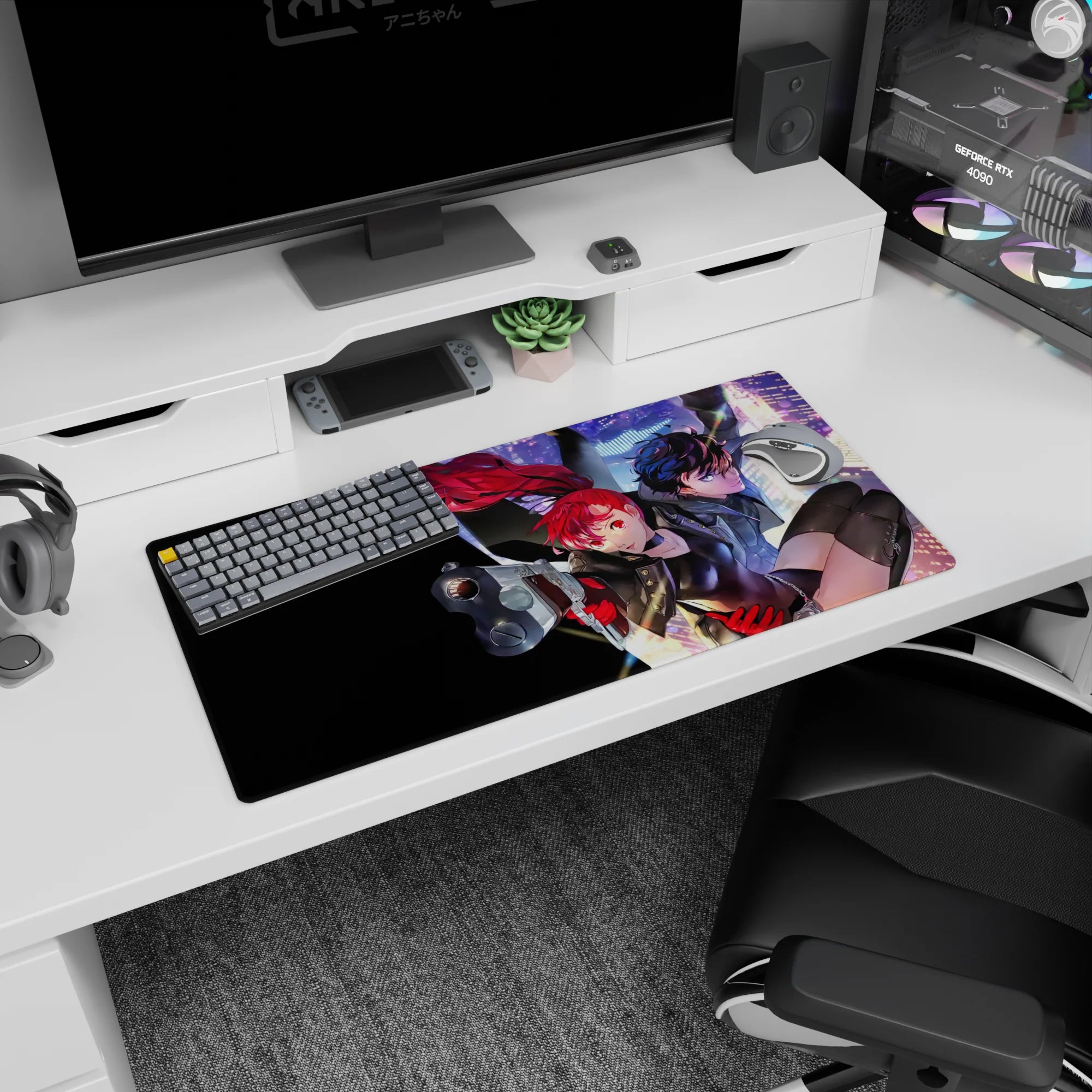 Persona 5 Royal mouse pad 32x16 inches featuring Joker and Kasumi mid-heist with neon glow, bold black-purple-red tones.