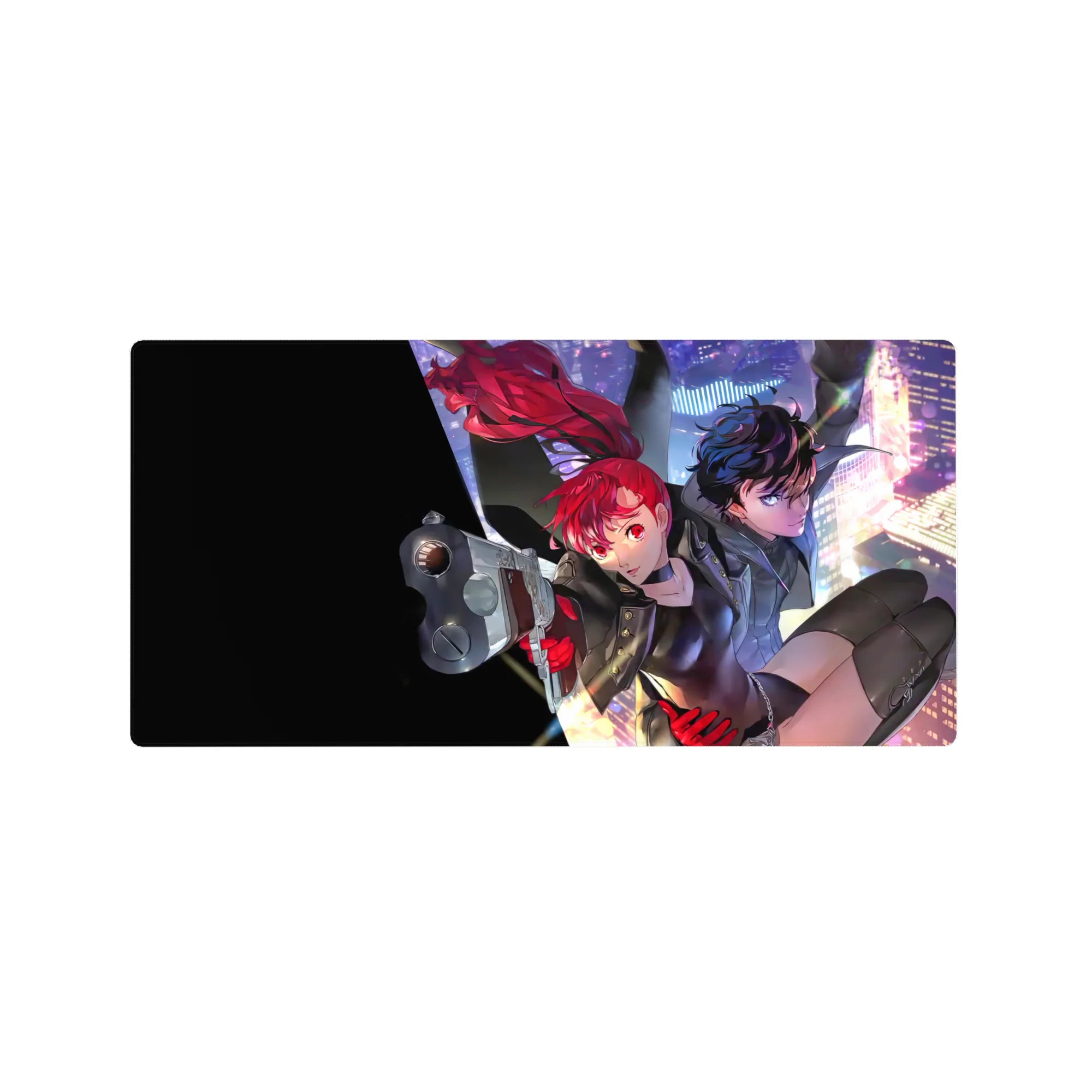 Mouse pad 32x16 inches featuring Joker and Kasumi from Persona 5 Royal, mid-heist with neon glow and city lights backdrop.