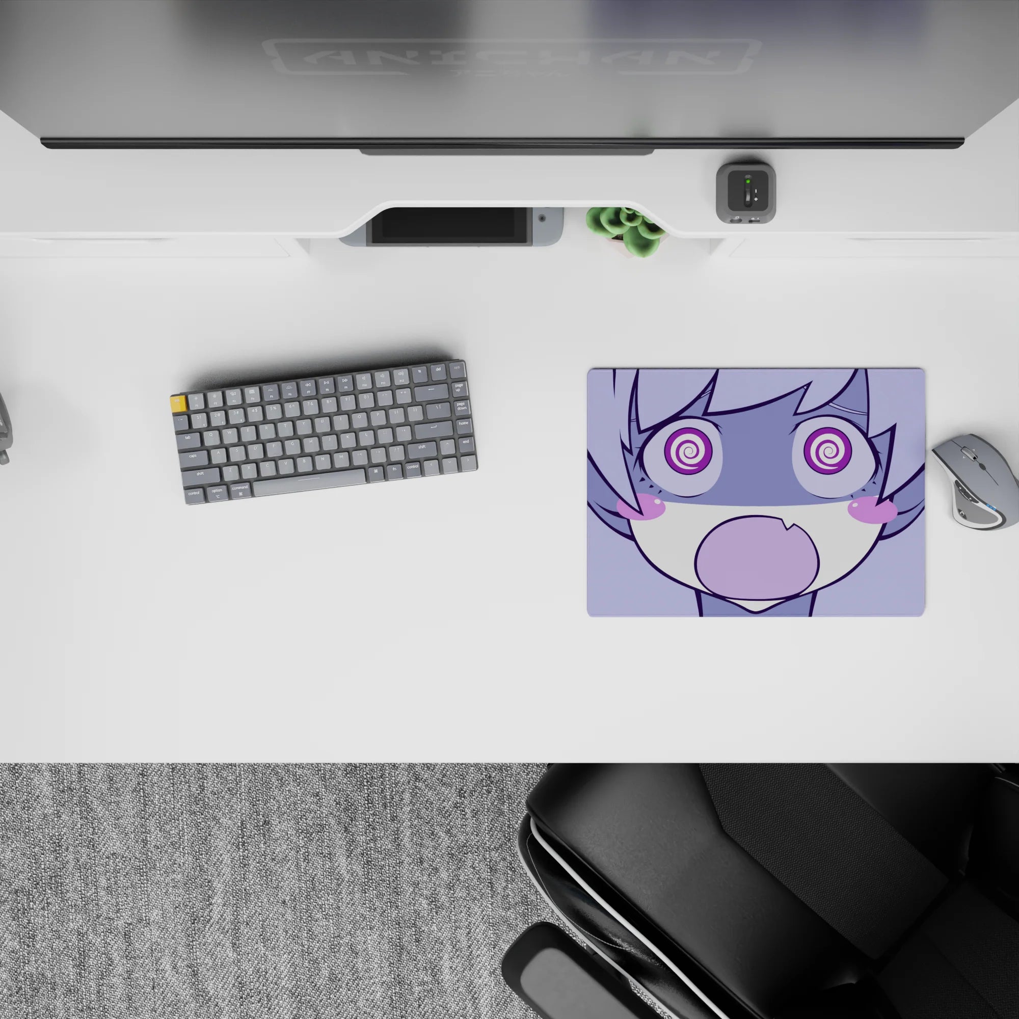 Soft lilac and candy purple 14x10 inches anime mouse pad with goofy, cozy chaotic chibi vibe.