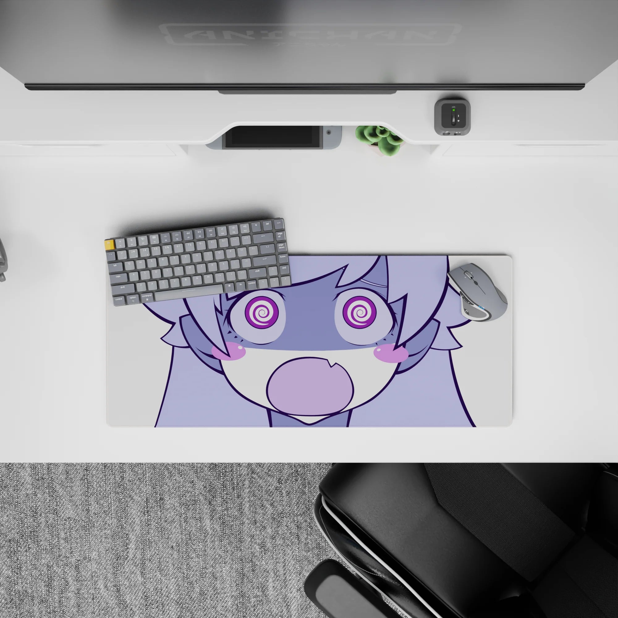 Lilac and candy purple anime girl mouse pad with bold linework, cozy goofy vibe, 28x12 inches.