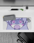 Lilac and candy purple anime girl mouse pad with bold linework, cozy goofy vibe, 28x12 inches.