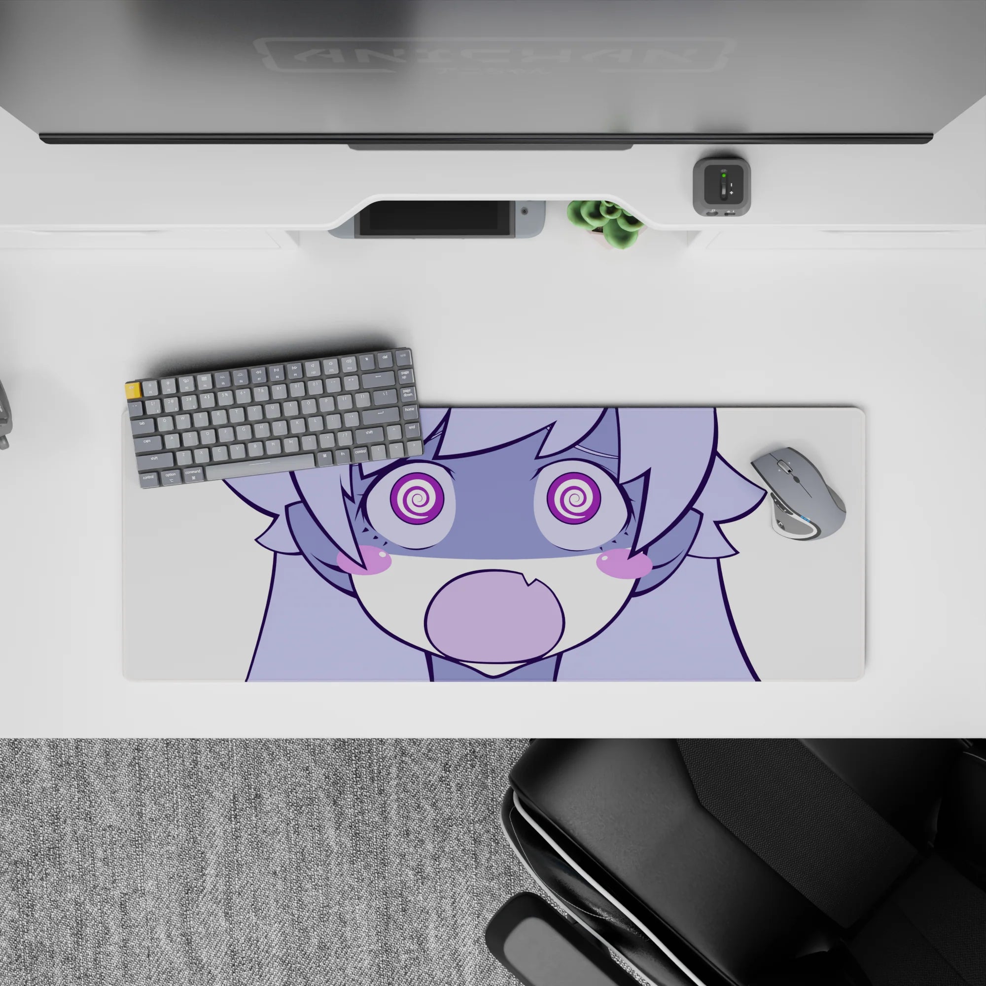 Lilac and candy purple anime girl desk mat with bold linework, cozy goofy vibe, 32x12 inches.