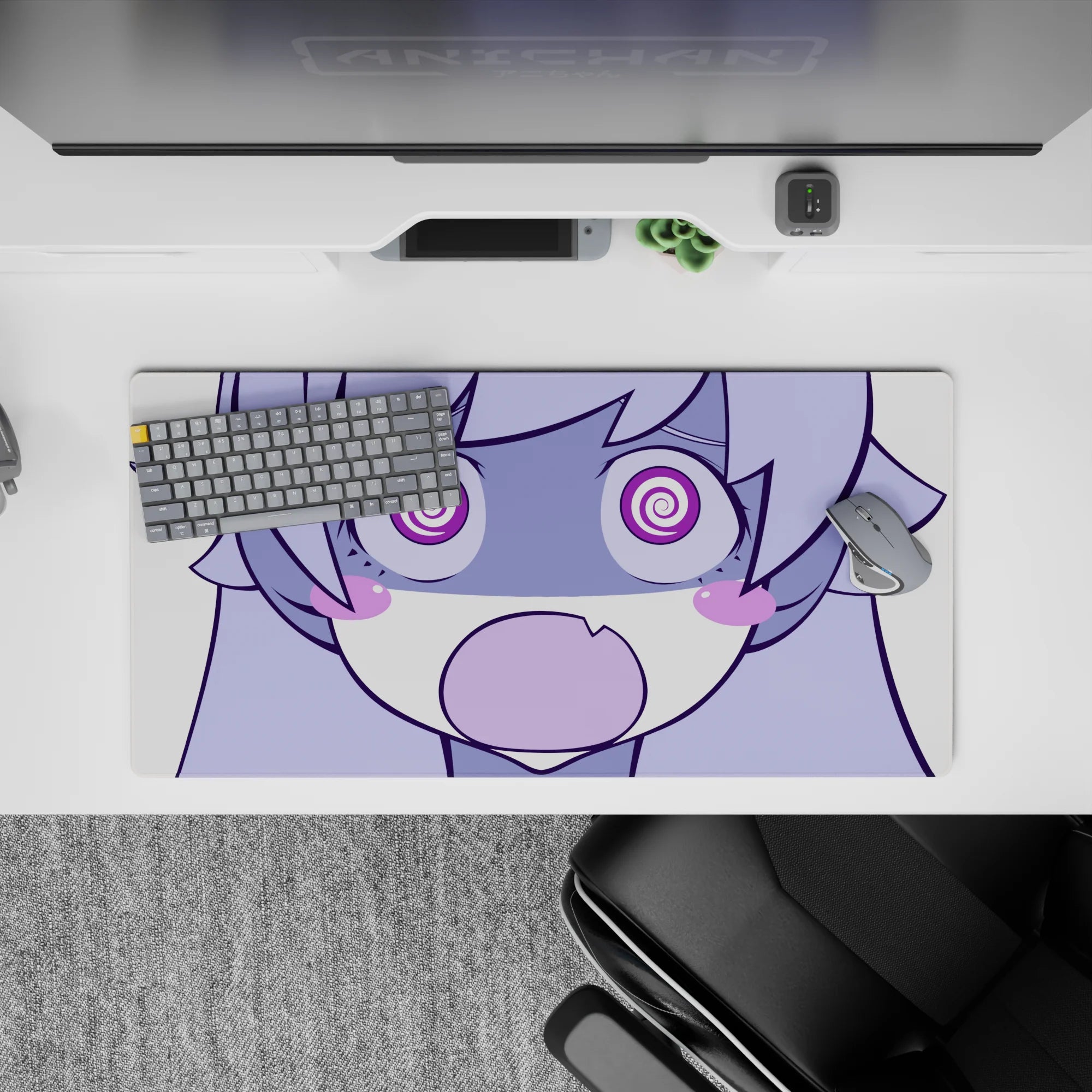 Lilac and candy purple anime desk mat with bold linework, cozy goofy vibe, 32x16 inches.