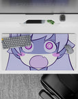 Lilac and candy purple anime desk mat with bold linework, cozy goofy vibe, 32x16 inches.