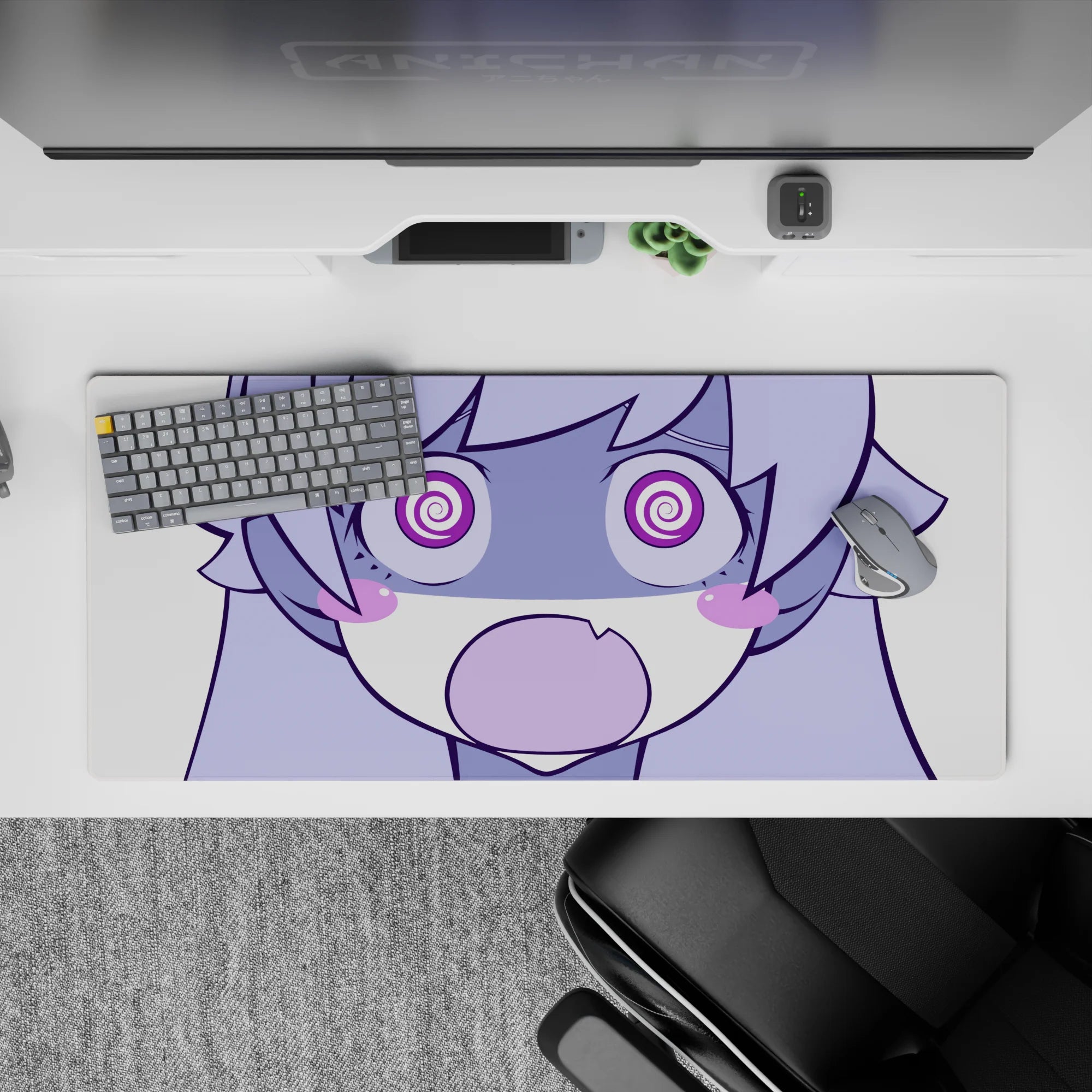 Soft lilac and candy purple anime desk pad with bold linework and goofy cozy vibe, 36x16 inches.