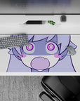 Soft lilac and candy purple anime desk pad with bold linework and goofy cozy vibe, 36x16 inches.