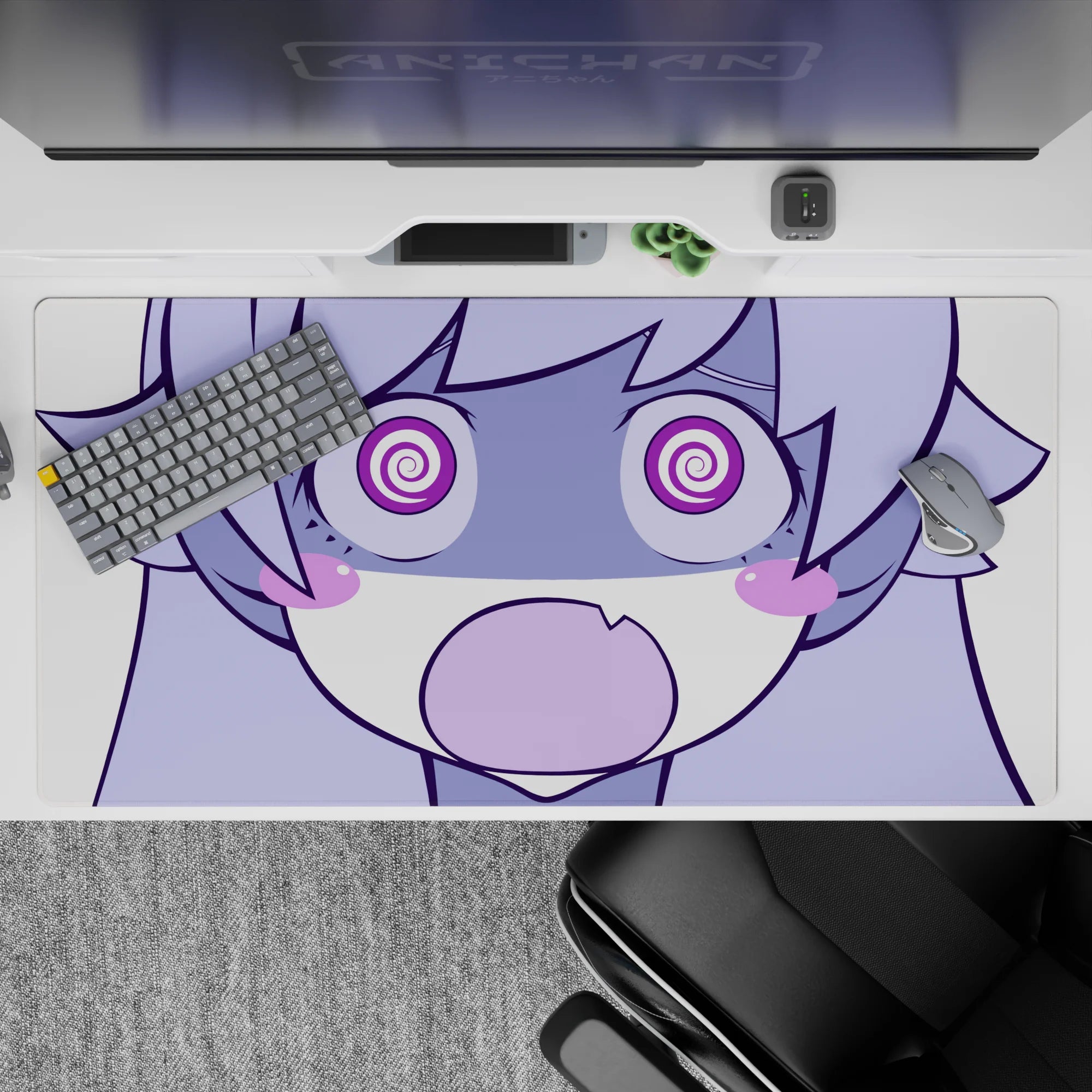 Soft lilac and candy purple anime desk pad, cozy goofy vibe with a playful stare, 40x20 inches.