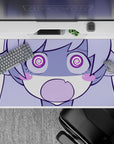 Soft lilac and candy purple anime desk pad, cozy goofy vibe with a playful stare, 40x20 inches.