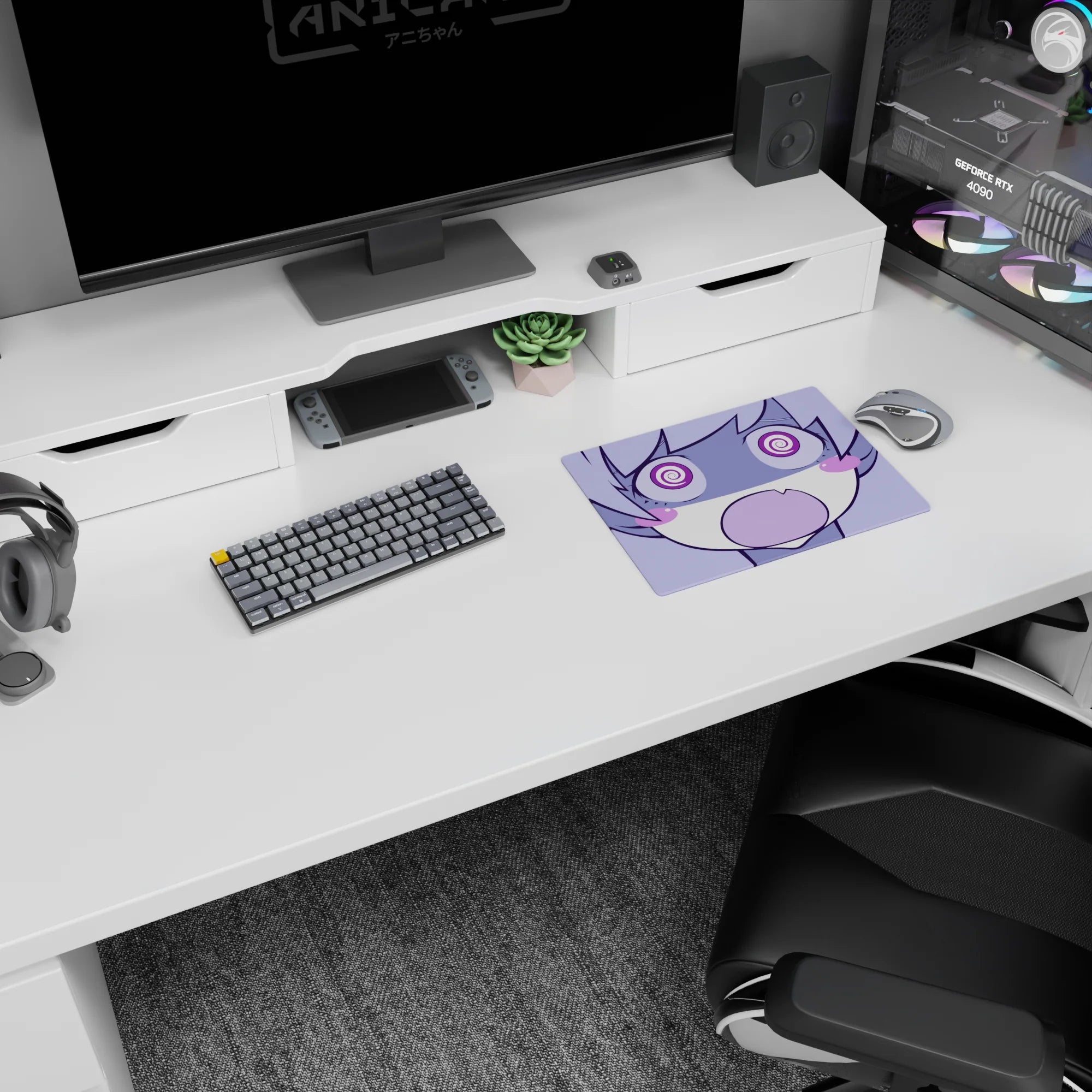 Chibi anime girl on 14x10 inches mouse pad, shocked O mouth and wide spiral eyes guarding your desk.