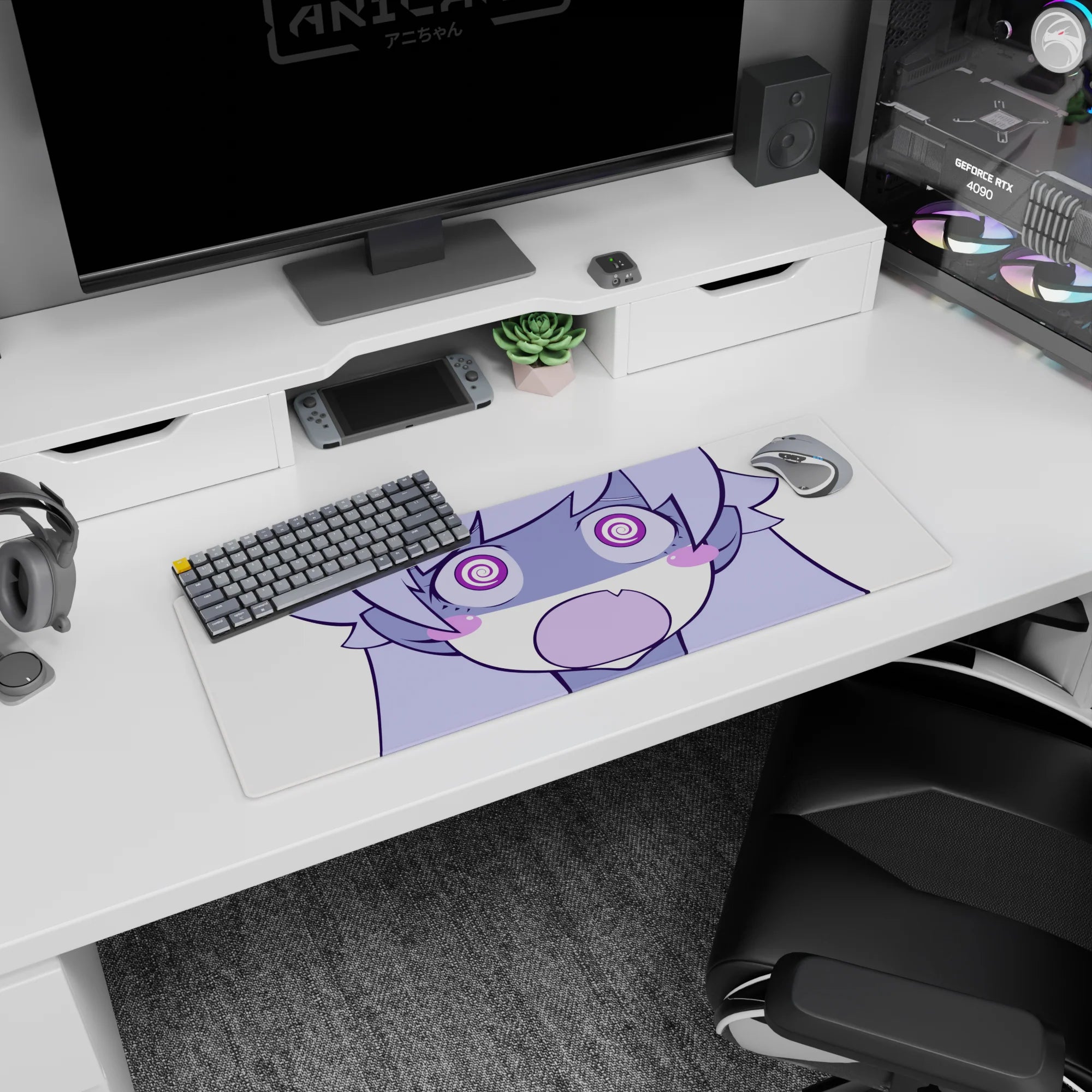 Chibi anime girl with puffy cheeks and playful stare guarding your desk setup mouse pad, 32x12 inches.