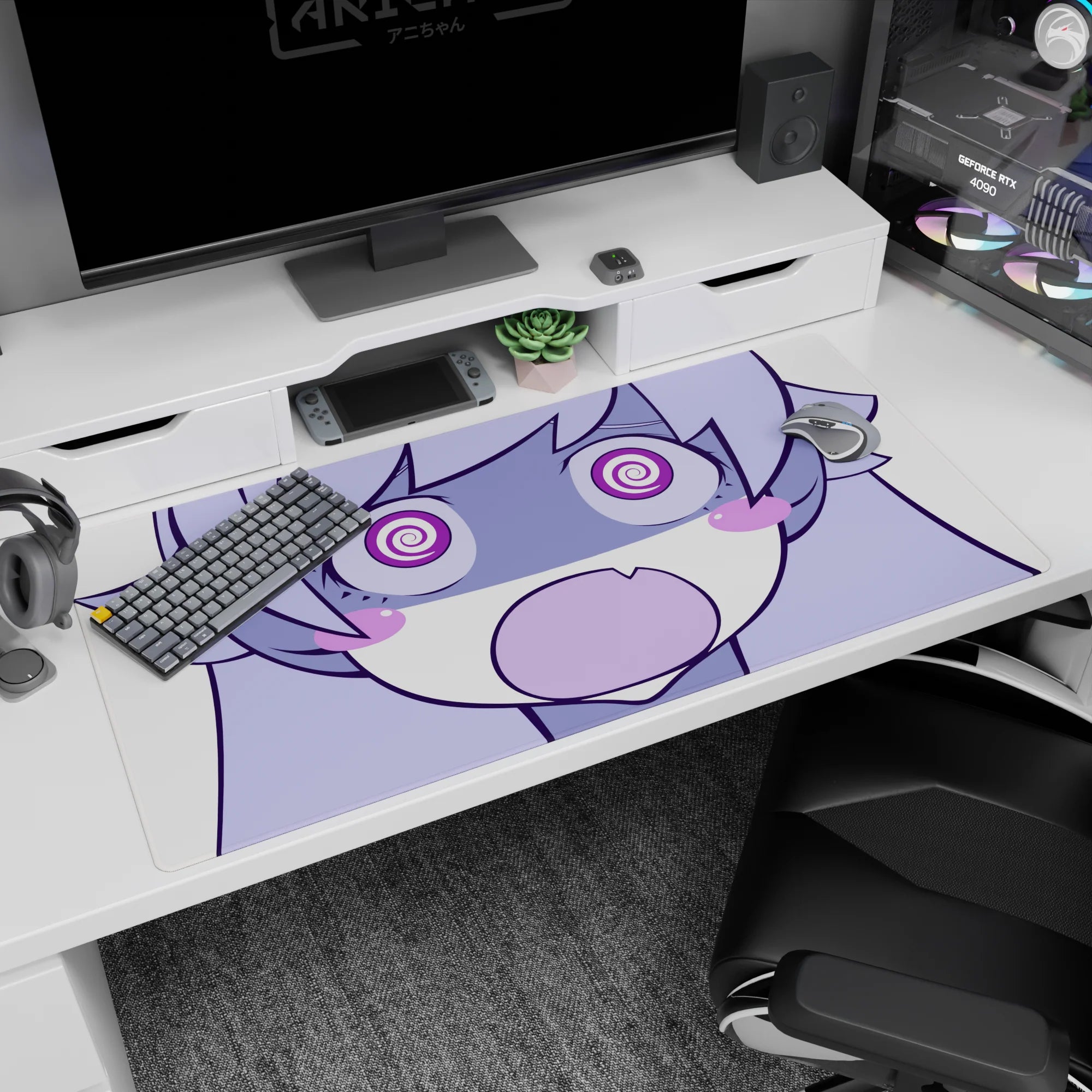 Shocked chibi anime girl with big spiral eyes and “O” mouth guarding your desk, 40x20 inches.