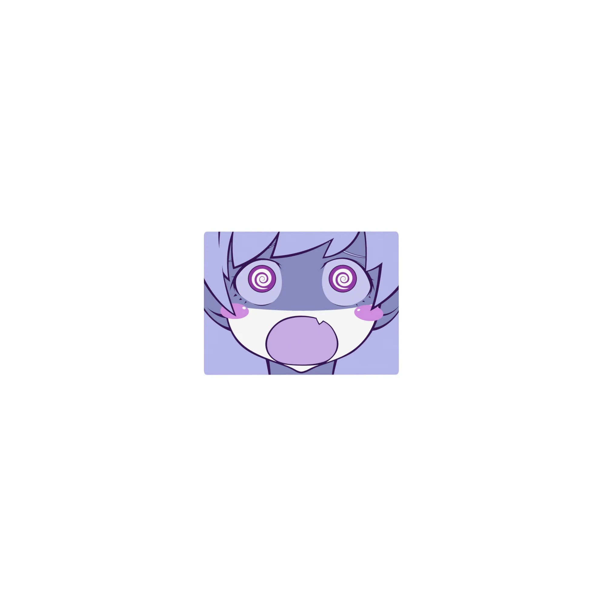 Classic anime girl mouse pad 14x10 inches with chibi face, spiral eyes, puffy cheeks, bold line art.