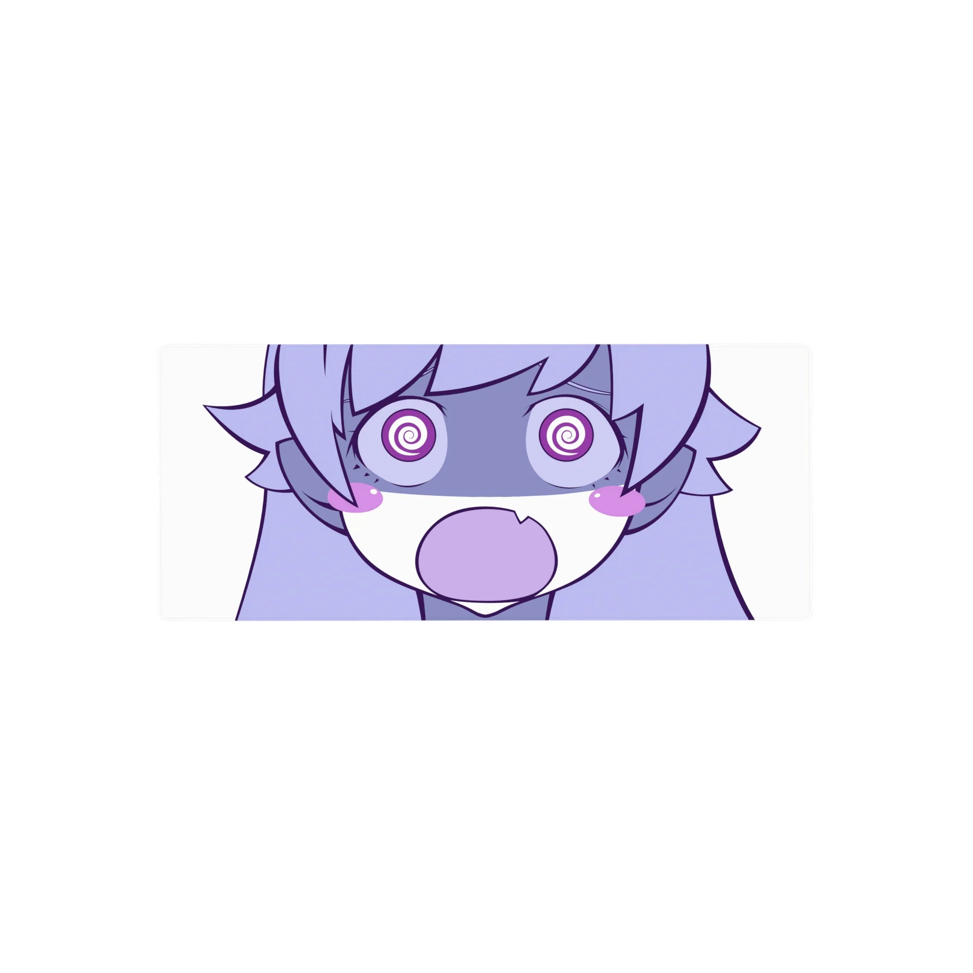Chaotic chibi anime girl mouse pad with spiral eyes and shocked O mouth, 28x12 inches.