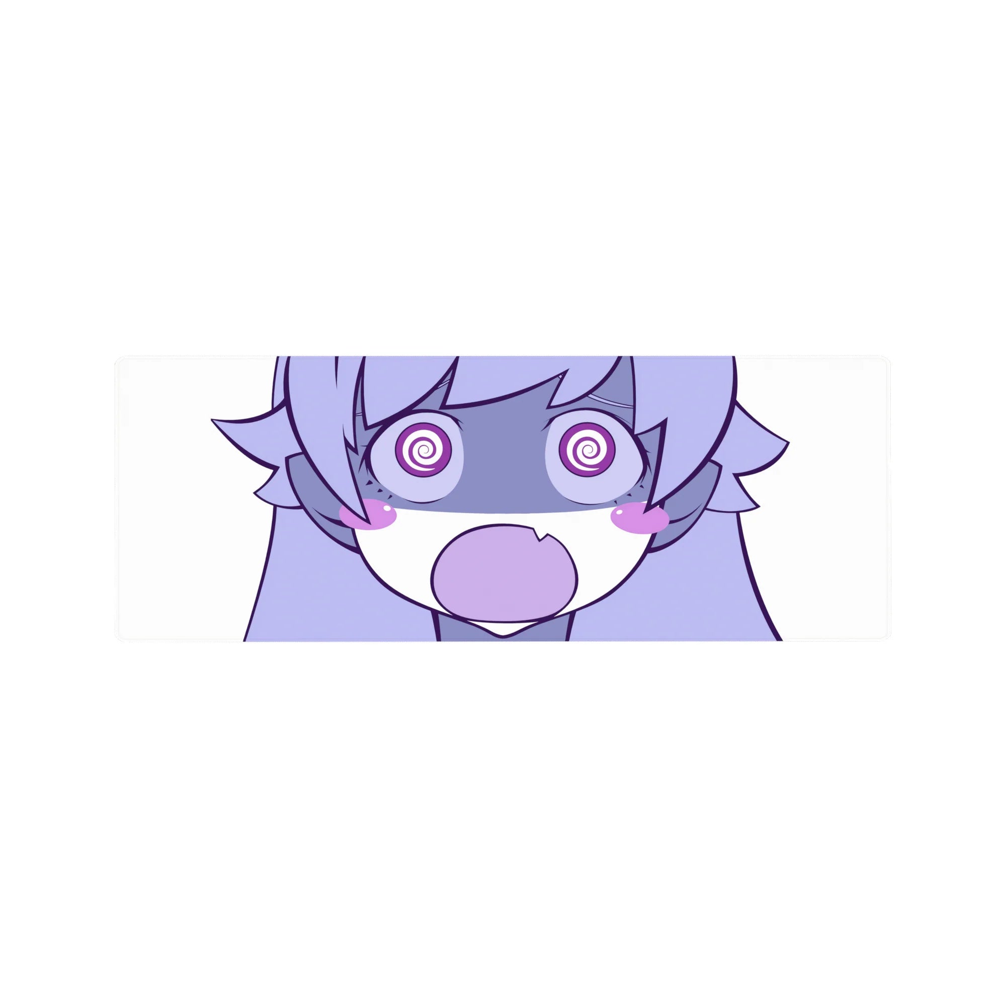 Chaotic chibi anime girl mouse pad with spiral eyes and shocked O mouth, 32x12 inches.