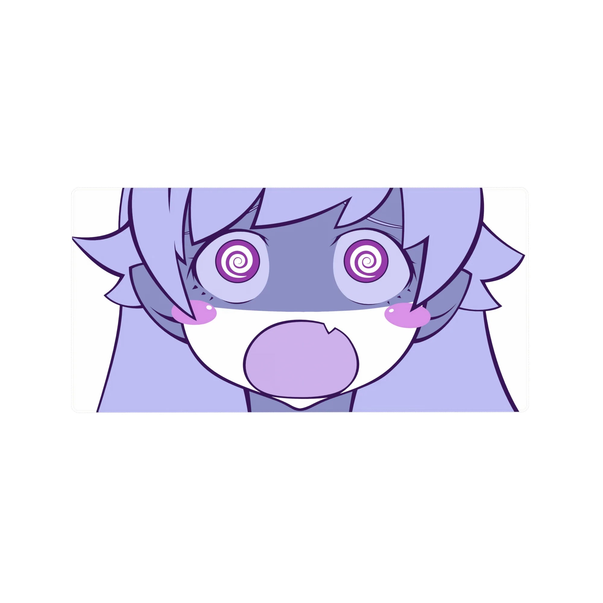 Chaotic chibi anime girl mouse pad with spiral eyes and shocked O mouth, 32x16 inches.