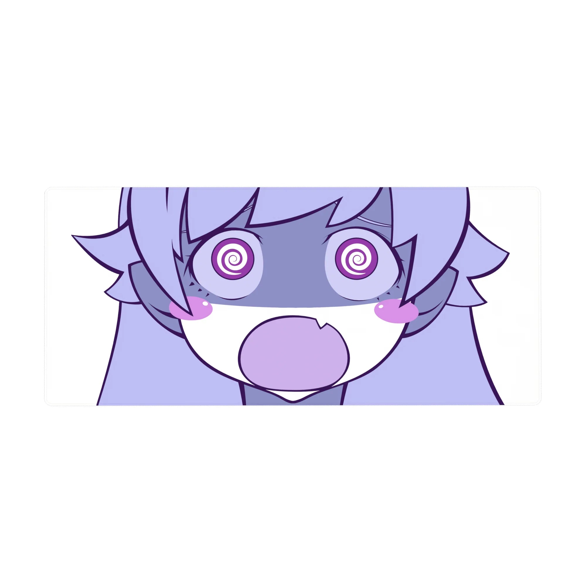 Chaotic chibi anime girl desk pad with spiral eyes and shocked O mouth, 36x16 inches.