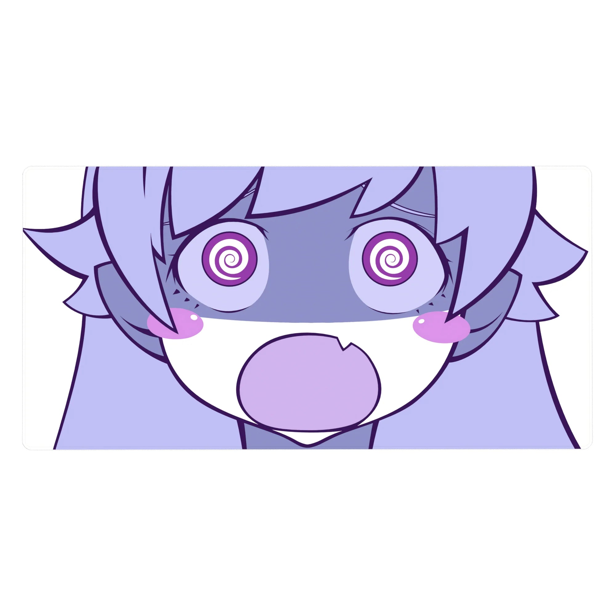 Chaotic chibi anime girl desk pad with spiral eyes, puffy cheeks, bold linework, 40x20 inches.
