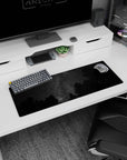 Misty Milky Way stripe with tiny stars above a quiet forest edge mouse pad, 32x12 inches.