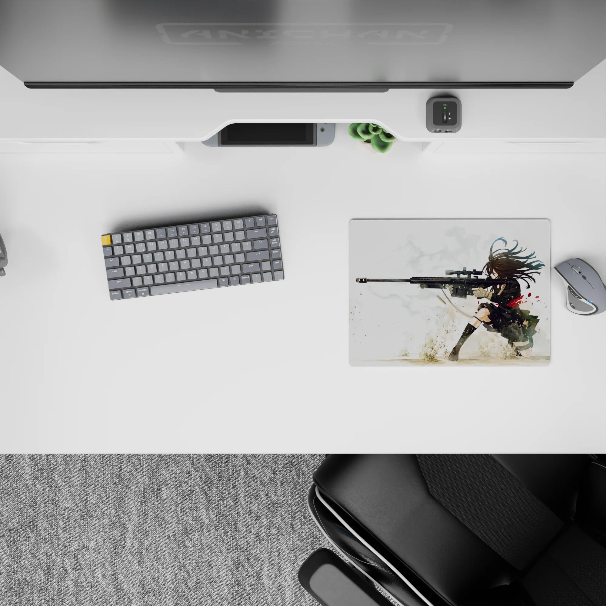 Anime girl mouse pad 14x10 inches in black, white smoke, sandy tones, and bold red accent, edgy vibe.