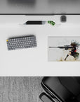 Anime girl mouse pad 14x10 inches in black, white smoke, sandy tones, and bold red accent, edgy vibe.