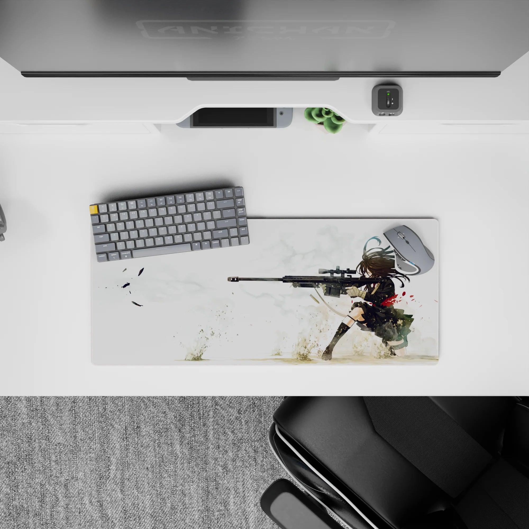 Red-black anime desk mat 28x12 inches with airy white smoke, sandy splashes, and calm deadly vibe.