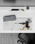 Red-black anime desk mat 28x12 inches with airy white smoke, sandy splashes, and calm deadly vibe.