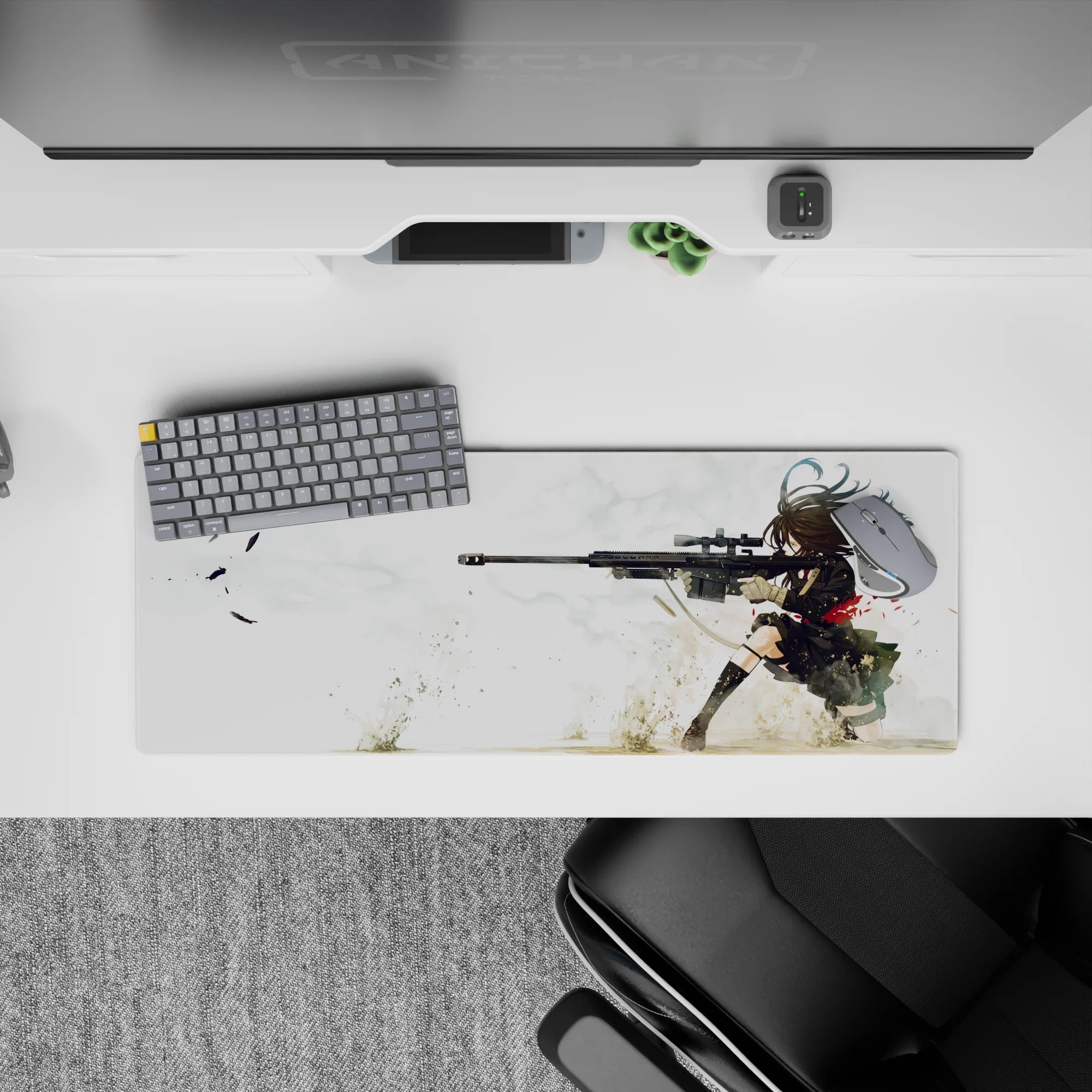 32x12 inches anime desk mat in airy whites and sandy tones with bold red drama, calm dangerous vibe.