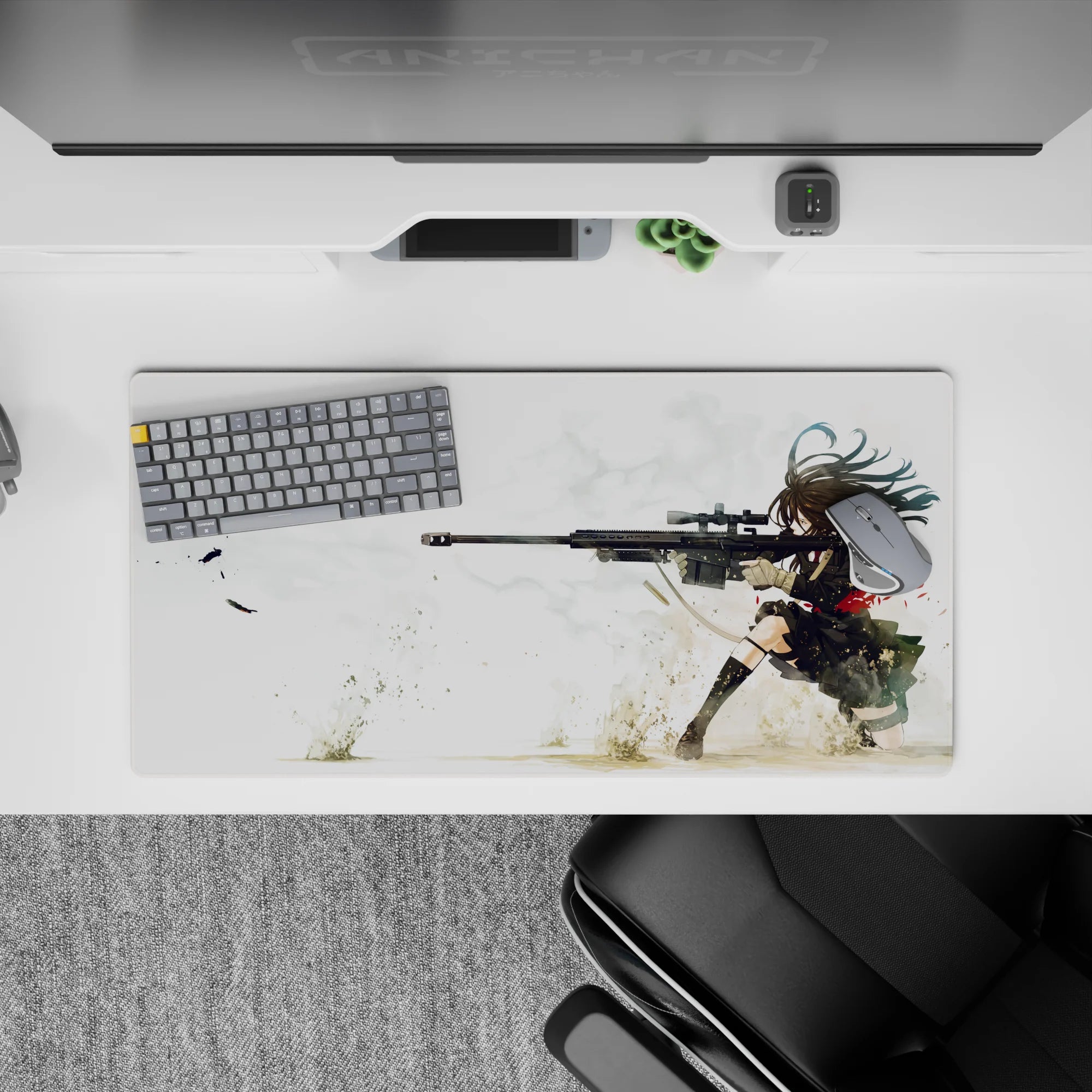 32x16 inches anime desk mouse pad in soft whites and sandy tones, bold red accents, calm lethal vibe.