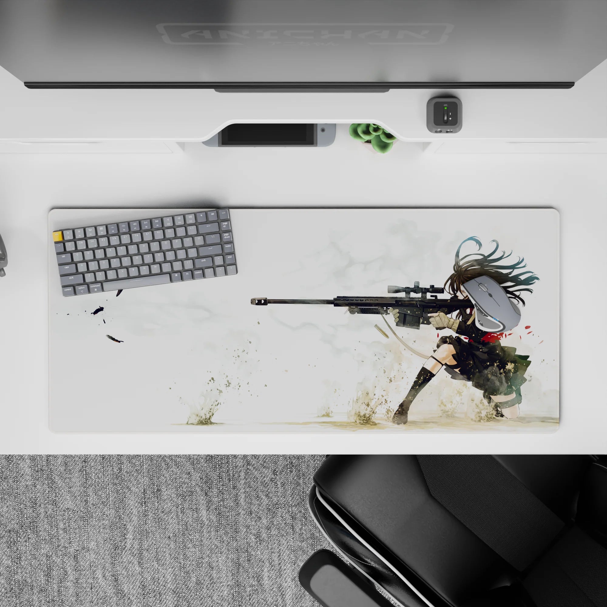 36x16 inches anime desk pad with airy white smoke, sandy tones, and bold red accents for a fierce mood.